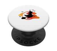 Hexe auf Besen vor Sonnenuntergang mit Fledermäusen PopSockets Adhesive PopGrip