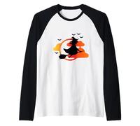 Hexe auf Besen VOR Sonnenuntergang mit Fledermäusen Raglan Baseball Tee