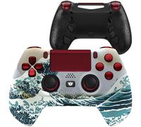 HEXGAMING HYPER Wireless Controller Compatible with ps4-4 Back Buttons, Triggers stop, Interchangeable Thumbsticks - The Great Wave Red