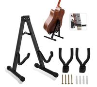 HexinYigjly Metal Folding Guitar Stand Floor & 2 Electric Guitar Hanger, Universal Portable A-Style A Frame Ukulele Holder for Acoustic Cello Bass Banjo Floor Stand, with Cleaning Cloth