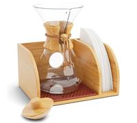 HEXNUB - Caddy and Lid for Chemex and Pour Over Coffee Maker, Bamboo Stand with Filter Holder, Fits Chemex Coffee Maker, Bodum, Cosori, Includes Heatproof Mat - Brown