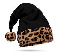 Hexonomy Black Santa Hat - Leopard Print Trim, Faux Fur - Tan Brown Animal Cheetah Print - Fun Christmas - Adult, 1 Size