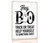Hey Boo Trick or Treat Help Yourself to Something Sweet Metal Sign Retro Halloween Ghost Decor for Home Cafe Porch Front Door Candy Station Shops Schools Community Centers Offices and Family Events