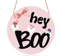 Hey Boo Wood Sign Pink Halloween Decor, Halloween Door Sign Wall Decor, Pink and Black Halloween Decor Door Hanger, Wooden Door Sign Front Door Decorations for Indoor Outdoor, Home Party Supplies