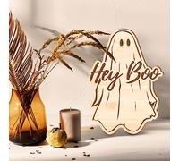 Hey Boo - Wooden Ghost Plaque/Sign For Fall - Cosy Aesthetic, Autumnal Vibes, Minimal, Rustic, Modern Halloween Home Decor & Car Accessory
