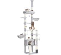 Hey-brother 0MPJ091W Cat Scratching Post, Height-Adjustable Cat Tree 250 cm - 280 cm, Extends to the Ceiling, Cat Tower for Large Cats, with Cave, Light Grey