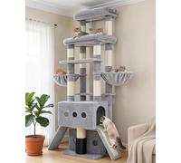 Hey-brother Cat Tree Tower, 181.5 cm Scratching Posts with Extra Large Platform, 2 Cozy Condos, 2 Hammocks and Scratch Boards, Multi-Level House for Multiple Indoor Cats, Light Grey GMPJ085W