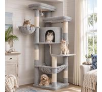 Hey-brother Cat Tree Tower, Cat Scratching Posts with Spacious Condos, Hammock, 2 Platforms, Cozy Basket, Sisal Rope and Pompom for Indoor Cats, 59 Inches, Light Gray MPJ062W