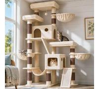 Hey-brother Cat Tree Tower, Scratching Post with Extended Base Design, 3 Platforms, 3 Hammocks, 2 Condos, Sisal Scratch Board for Indoor Multiple Adult Cats, 72.1 Inches, Beige and Brown MPJ077MJ