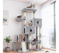 Hey-brother Cat Tree Tower, Scratching Posts with 3 Condos, Large Basket, Cozy Bed, Sisal Board, Step-by-Step Climbing Pathway and Toys, 74.8 inches Furniture for Big Indoor Cats, Light Gray MPJ081W