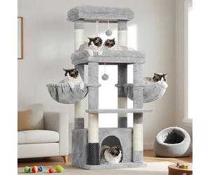 Hey-brother Cat Tree Tower, Scratching Posts with Extra Large Platform, Specious Condo, 2 Cozy Hammocks, Self-Grooming Brush for Indoor Adult Cats, Maine Coon 130 cm, Light Gray MPJ070W