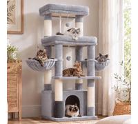 Hey-brother Cat Tree Tower with Extra Large Platform, Big Condo, MPJ070W | 130cm Scratching Posts with 2 Cozy Hammocks, Self-Grooming Brush for Indoor Adult Cats, Maine Coon, Light Gray