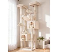 Hey-brother Cat Tree Tower with Multi-Level Duty Scratching Posts, MPJ039M | 203cm XL Cat Furniture with Large Platforms, Cozy Condos, Big Hammock, Toy Balls for Indoor Adult Cats, Beige