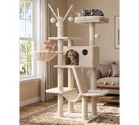 Hey-brother Cat Tree Tower with Padded Platform Bed, Hammock, MPJ019-SM | 135cm Cat House with Large Cozy Condo, Toy Balls and Sisal Scratching Posts for Indoor Multi-Cats, Beige