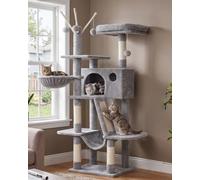 Hey-brother Cat Tree Tower with Padded Platform Bed, Hammock, MPJ019-SW | 135cm Cat House with Large Cozy Condo, Toy Balls and Sisal Scratching Posts for Indoor Multi-Cats, Light Gray