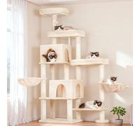 Hey-brother Cat Tree Tower with Stable Extended Base, 3 Platforms, MPJ038M | 180cm Multi-Level Sisal Scratching Posts, Wide Bed, 2 Cozy Condos, 2 Hammocks, Toy Balls for Indoor Cats, Beige