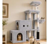 Hey-brother Cat Tree Tower with Steped Climbing Condos, Platforms, MPJ061W | 130cm Scratching Posts with 2 Spacious Condos, Self-Grooming Brush, Cozy Basket, Balls for Indoor Cats, Light Gray