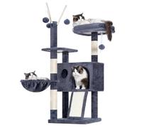 Hey-Brother EMPJ008SG Cat Scratching Post 105 cm Small Stable Cat Tree with Removable Toys, Cave, 1 Platform, 1 Cat Basket, Sisal Scratching Plate and Plush Ball, Suitable for Kittens, Smoke Grey