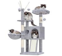 Hey-brother EMPJ008SW Cat Scratching Post 105 cm Small Stable Cat Tree with Removable Toys, Cave, 1 Platform, 1 Cat Basket, Sisal Scratching Plate and Plush Ball, Suitable for Kittens, Light Grey