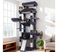 Hey-brother Large Cat Tree, 180 cm Cat Tower with 2 Top Platforms, 3 Hammoks, Cat Condo for Indoor Cats Adult with Scratching Post and Board, Dangling Ball, Smoky Gray MPJ080G