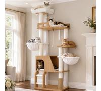 Hey-brother Wooden Cat Tree, Cats Furniture Tower with Spacious Condos, 2 Platforms, Self-Grooming Brush, 2 Cozy Baskets, Full Sisal Scratching Posts, Ladder, 65.8 Inches, White Oak MPJ111BT