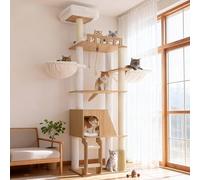 Hey-brother Wooden Cat Tree, Furniture Tower with Large Platforms, MPJ121BT | 184cm, Modern Full Sisal Scratching Posts, Hammocks, Spacious Condo, Ladder, Brush, Water Proof Surface, White Oak