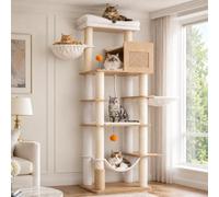 Hey-brother Wooden Cat Tree Tower with Rattan Condo, Large Platform, 2 Cozy Hammocks, Basket, Self-Grooming Brush, 9 Full Sisal Scratching Posts for Indoor Adult Cats, 73 Inches, White Oak MPJ122BT