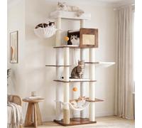 Hey-brother Wooden Cat Tree Tower with Rattan Condo, Large Platform, 2 Cozy Hammocks, Basket, Self-Grooming Brush, 9 Full Sisal Scratching Posts for Indoor Adult Cats, 73 Inches, Rustic Brown MPJ122SR