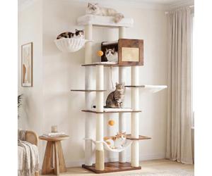 Hey-brother Wooden Cat Tree Tower with Rattan Condo, Large Platform, 2 Cozy Hammocks, Basket, Self-Grooming Brush, 9 Full Sisal Scratching Posts for Indoor Adult Cats, 73 Inches, Rustic Brown MPJ122SR