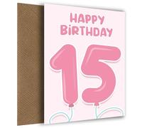 Hey Chimp 15th Birthday Cards for Girl - Pink Balloons for 15 Year Old Girl, Daughter, Granddaughter or Niece, 15th Birthday Card, Pink Balloons