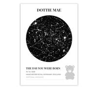Hey Chimp Custom Star Map Print - The Day You Were Born Night Sky Wall Art Gift - Teddy - Personalised New Baby/Parents Night Sky Constellation Poster - A4 Print Only - 210 x 297mm