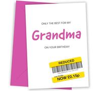 Hey Chimp Funny Grandma Birthday Card - 15p Barcode Sticker Joke | Dry-Humour Bday Card for Gran with Yellow 15p Label and Pink Lettering