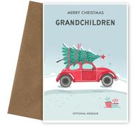 Hey Chimp Grandchildren Christmas Card - Cute Grandchildren Christmas Card | Fun and Festive Car Delivering a Tree, Grandchildren, Christmas Card