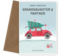 Hey Chimp Granddaughter and Partner Christmas Card - Cute Granddaughter and Partner Christmas Card | Fun and Festive Car Delivering a Tree, Granddaughter and Partner, Christmas Card