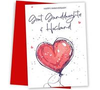 Hey Chimp Great Granddaughter and Husband Anniversary Card - Red Heart-shaped Balloon for Every Anniversary from 1st to 70th - Romantic Gesture for a Great Granddaughter and Husband