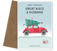 Hey Chimp Great Niece and Husband Christmas Card - Cute Great Niece and Husband Christmas Card | Fun and Festive Car Delivering a Tree, Great Niece and Husband, Christmas Card