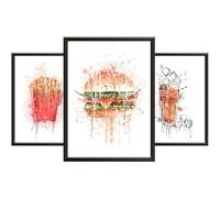 Hey Chimp Kitchen Art Wall Pictures (Set of 3 Posters) | Funky Abstract Wall Art Print Set - Fun Watercolour Fast Food Posters as Kitchen Decor - Burger Fries Cola - Unframed A4
