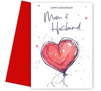 Hey Chimp Mum and Husband Anniversary Card - Red Heart-shaped Balloon for Every Anniversary from 1st to 70th - Romantic Gesture for a Mum and Husband