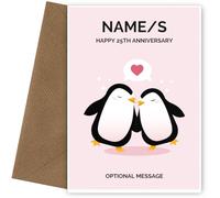Hey Chimp Personalised 25th Wedding Anniversary Card for Couples | Penguins for 25th Anniversary | Husband and Wife Married for 25 Years| | 7 x 5 and Blank Inside