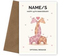 Hey Chimp Personalised 45th Wedding Anniversary Card for Couples | Giraffes for 45th Anniversary | Husband and Wife Married for 45 Years| | 7 x 5 and Blank Inside