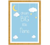 Hey Chimp Personalised Nursery Print - Dream Big Little One - Boys Bedroom Nursery Decor for Birthday, Christening, Naming Day Wall Art - A2 Oak Frame - 420 x 594mm