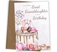 Hey Chimp Special Great Granddaughter Birthday Card with Pink Cake | Sweet Cake Bday Card for a Girl or Adult Great Granddaughter, with No Age on the Front
