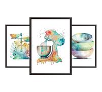Hey Chimp Watercolour Kitchen Prints for Wall - Set of 3 Posters and Abstract Kitchen Wall Art Decor - Multi-coloured Pictures of Cooking/Baking Equipment. Unframed A4 Posters