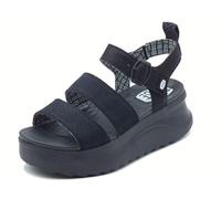 Hey Dude 43198 Delray Buckle Women's Classic Black Fabric High Wedge Sandals, Black, 4.5 UK