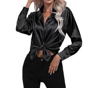 Hey Joo Women's Elegant Satin Silk Shirt Button Down Long Sleeve Blouse Tops Black XL