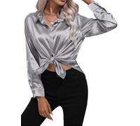 Hey Joo Women's Elegant Satin Silk Shirt Button Down Long Sleeve Blouse Tops Grey M