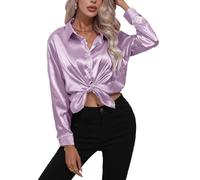 Hey Joo Women's Elegant Satin Silk Shirt Button Down Long Sleeve Blouse Tops Purple S