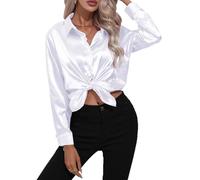Hey Joo Women's Elegant Satin Silk Shirt Button Down Long Sleeve Blouse Tops White S