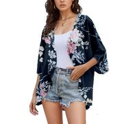 Hey Joo Women's Floral Chiffon Kimono Cover up 3/4 Sleeve Lightweight Cardigan Top Navy Blue S