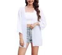 Hey Joo Women's Solid Color Sheer Chiffon Kimono Cardigan Open Front Beach Cover up White 2XL